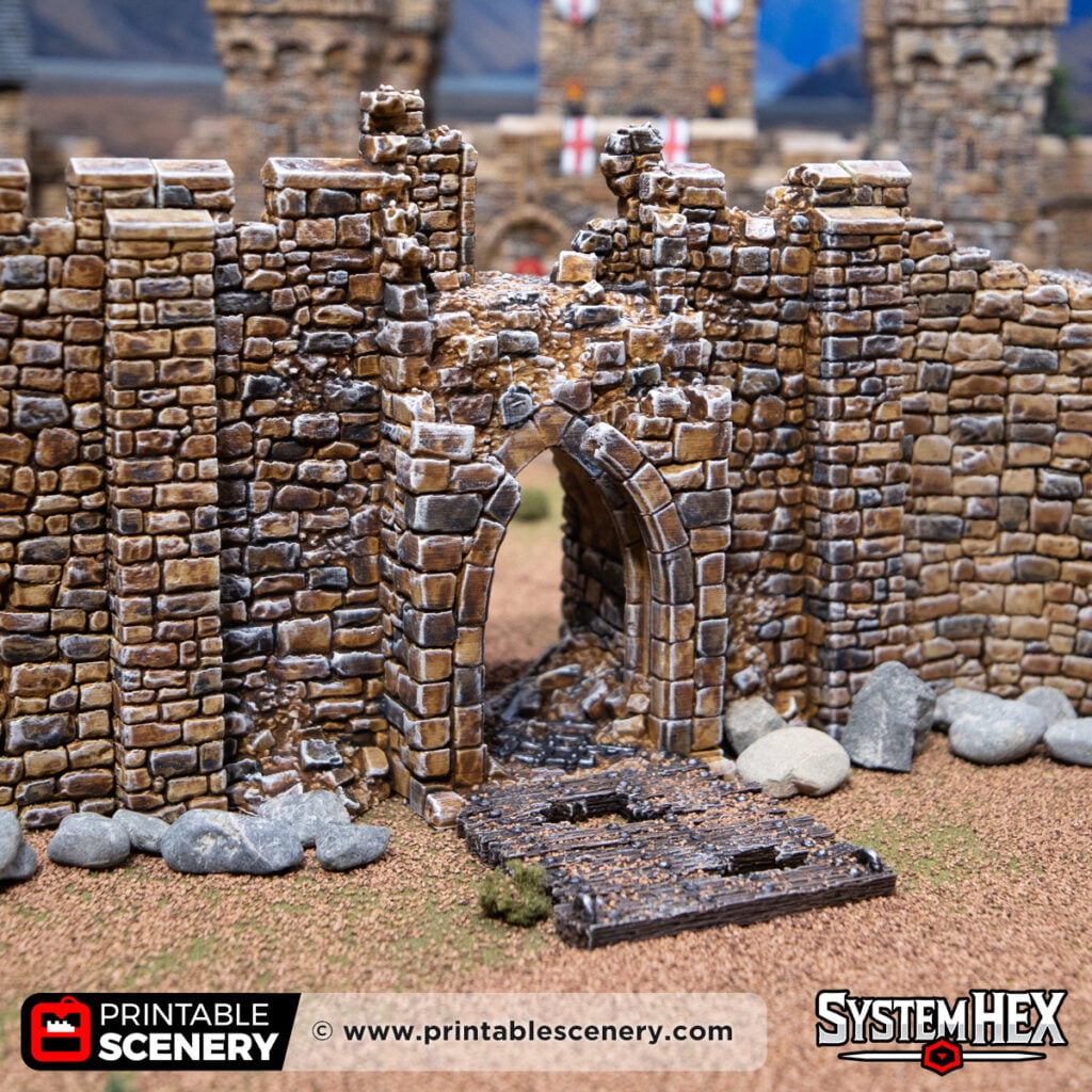 3d printed and painted ruined Westgate Drawbridge for dnd and wargaming
