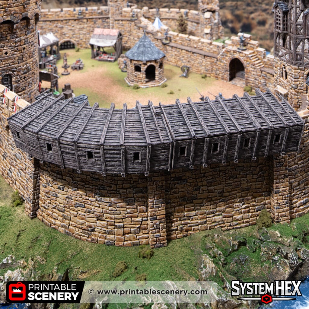 3d printed and painted wall hoardings attached to castle walls for dnd and wargaming