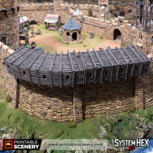 3d printed and painted wall hoardings attached to castle walls for dnd and wargaming