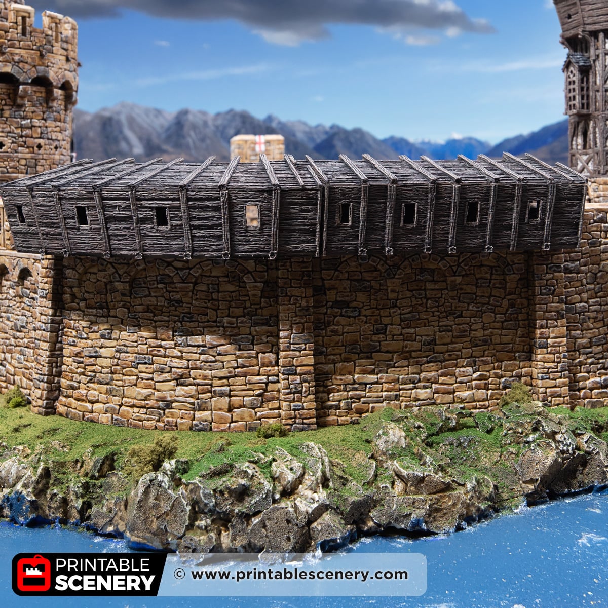 3d printed and painted wall hoardings attached to castle walls for dnd and wargaming