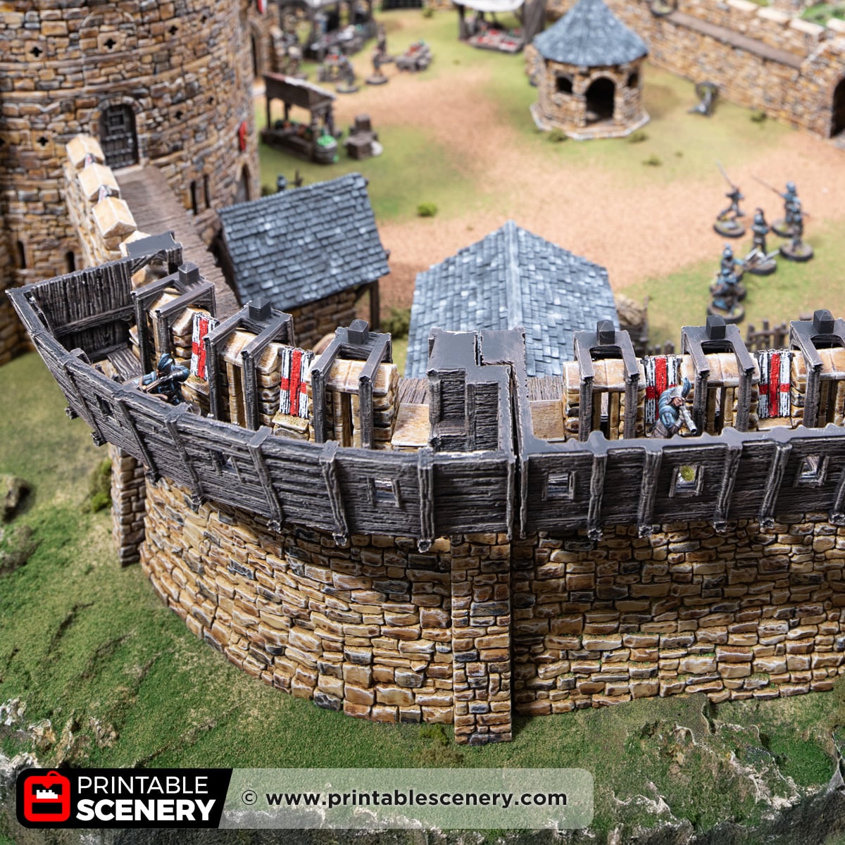 3d printed and painted wall hoardings attached to castle walls for dnd and wargaming
