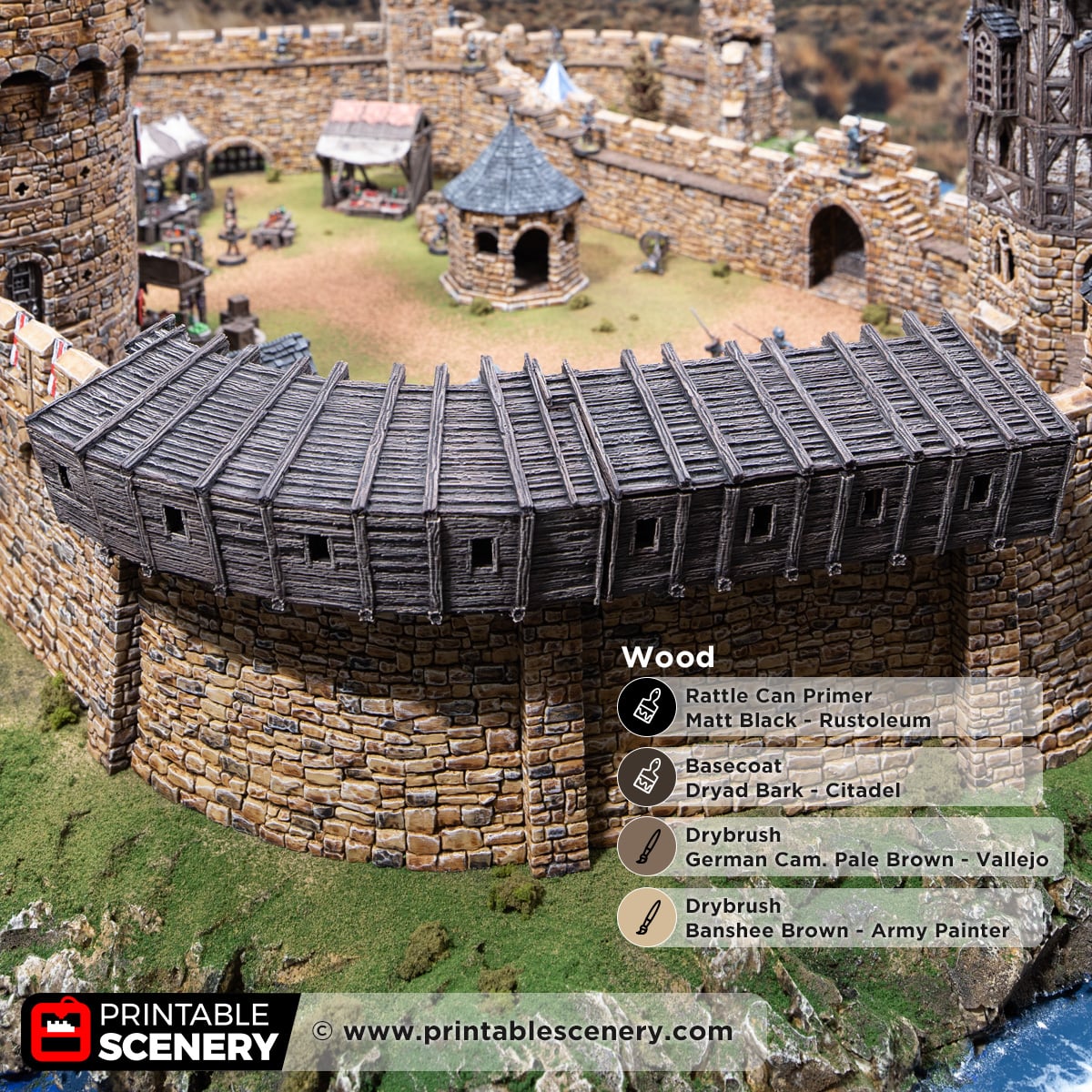 3d printed and painted wall hoardings attached to castle walls for dnd and wargaming