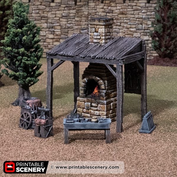 Front view of a blacksmith's workbench against a mountain backdrop