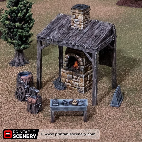 top down view of a blacksmith's workbench against a mountain backdrop