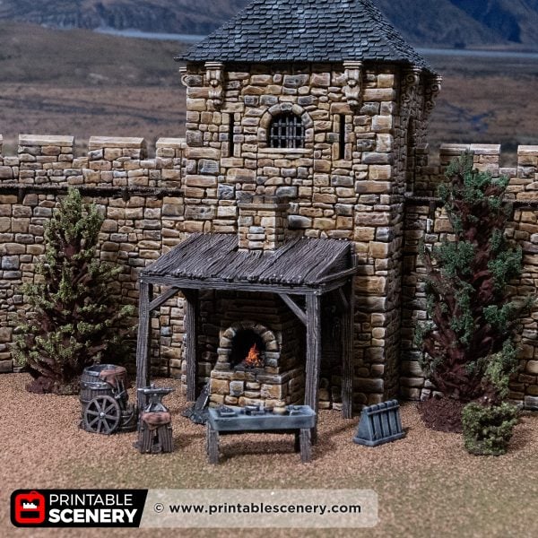 Front view of a blacksmith's workbench attached to a building against a mountain backdrop