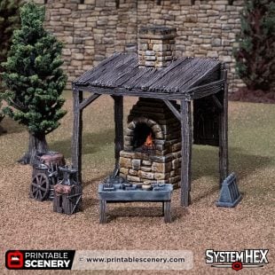 Front view of a blacksmith's workbench against a mountain backdrop
