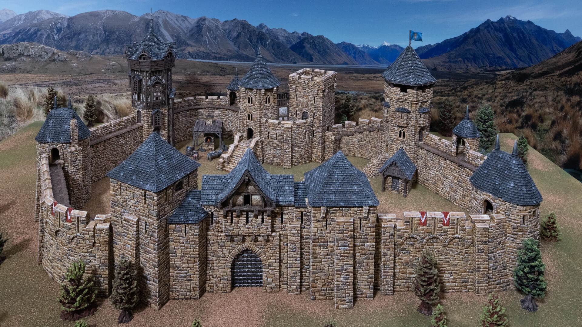Aerial view of Castle Agnes 3printed and painted on a mountain backdrop