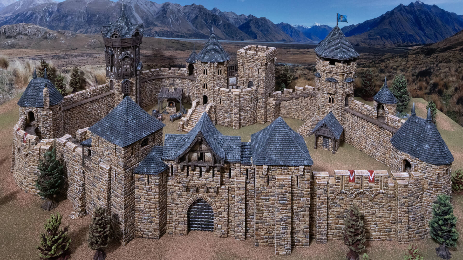3D printed and painted Castle on a mountain backdrop