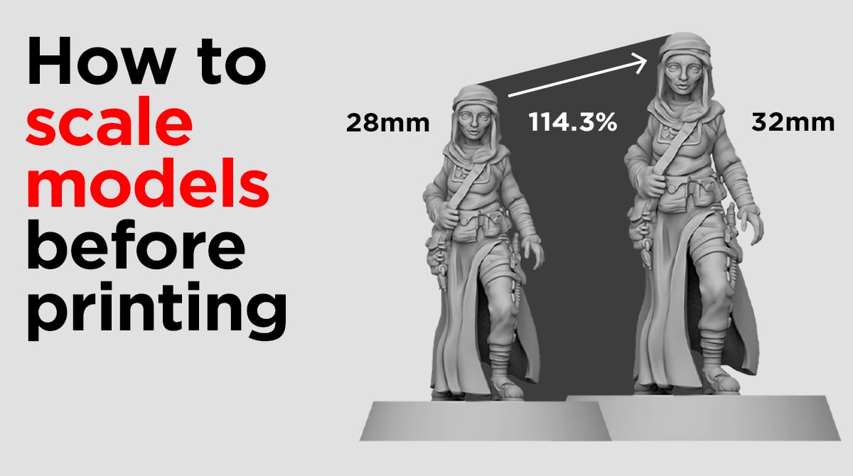 How to scale models before printing in text with a graphic image of a 3D model being scaled up