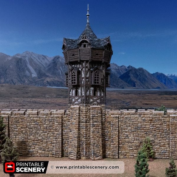 Front view of the Wattle & Daub HEX tower against a mountain backdrop