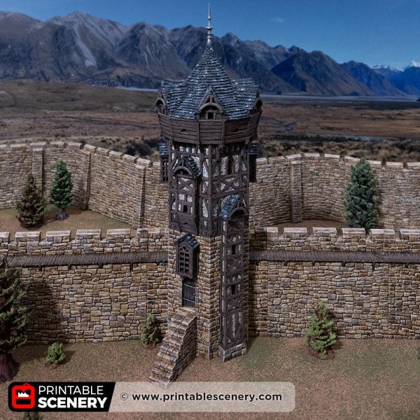 Top down view of the Wattle & Daub HEX tower against a mountain backdrop
