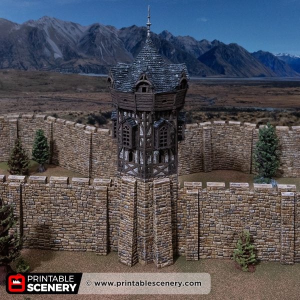 Top down view of the Wattle & Daub HEX tower against a mountain backdrop