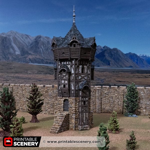 Front view of the Wattle & Daub HEX tower against a mountain backdrop