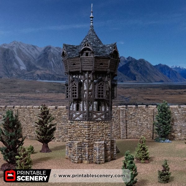 Front view of the Wattle & Daub HEX tower against a mountain backdrop