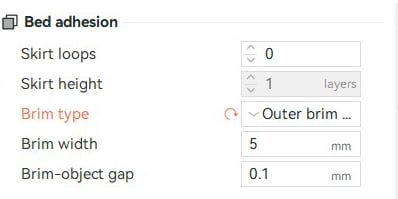 Brim settings for a 3D printed model