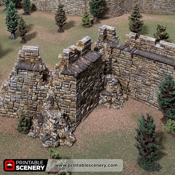 3D printed and painted ruined sharp angular Castle walls for tabletop rpgs and wargames