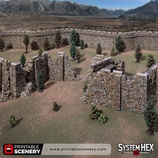 3D printed and painted ruined sharp angular Castle walls for tabletop rpgs and wargames