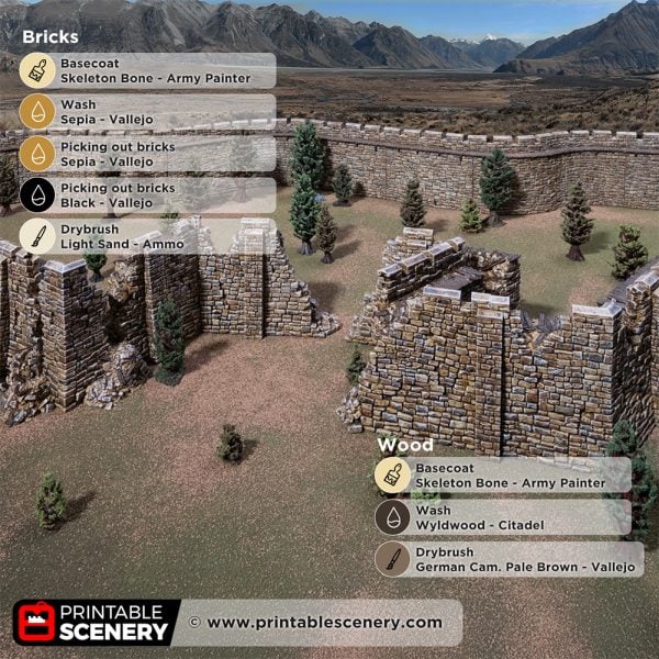 3D printed and painted ruined sharp angular Castle walls for tabletop rpgs and wargames with painting guide