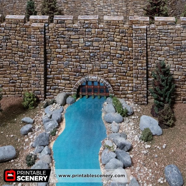 3D printed and painted Castle wall with a culvert for tabletop rpgs and wargames