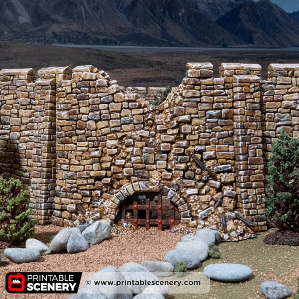 3D printed and painted Castle ruined wall with a culvert for tabletop rpgs and wargames