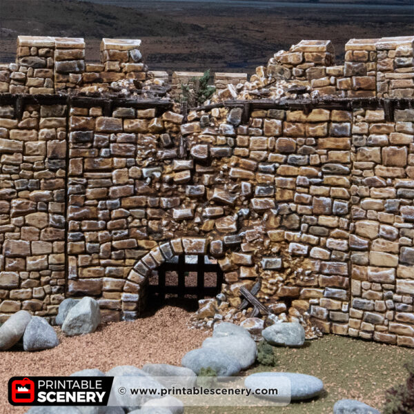 3D printed and painted Castle ruined wall with a culvert for tabletop rpgs and wargames