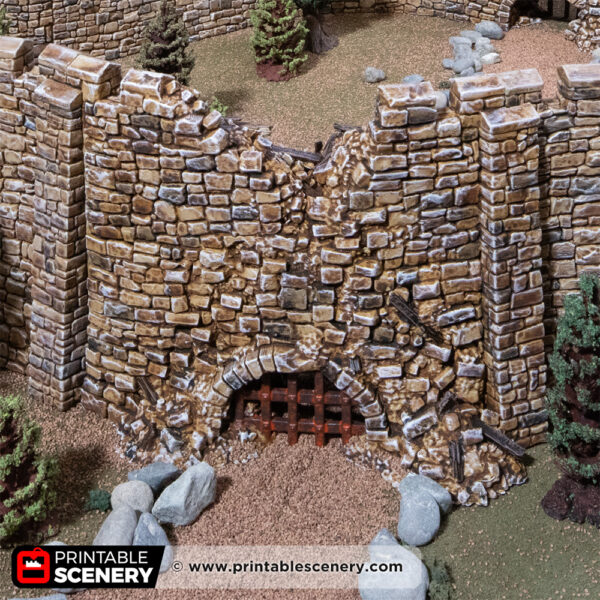3D printed and painted Castle ruined wall with a culvert for tabletop rpgs and wargames