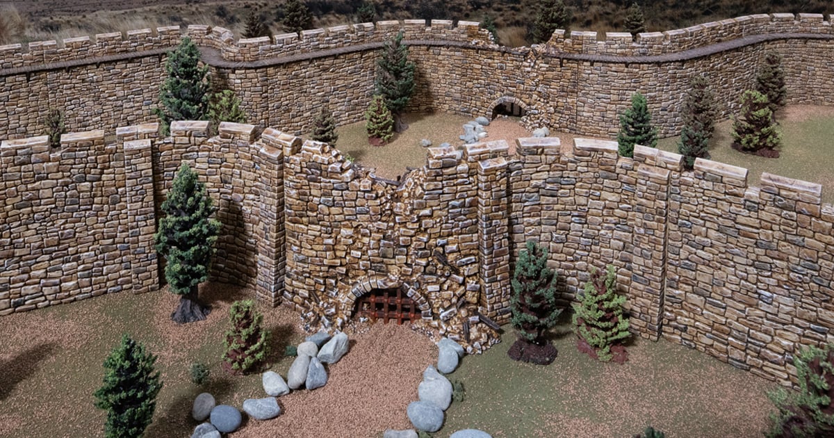 3D printed and painted Castle ruined wall with a culvert for tabletop rpgs and wargames