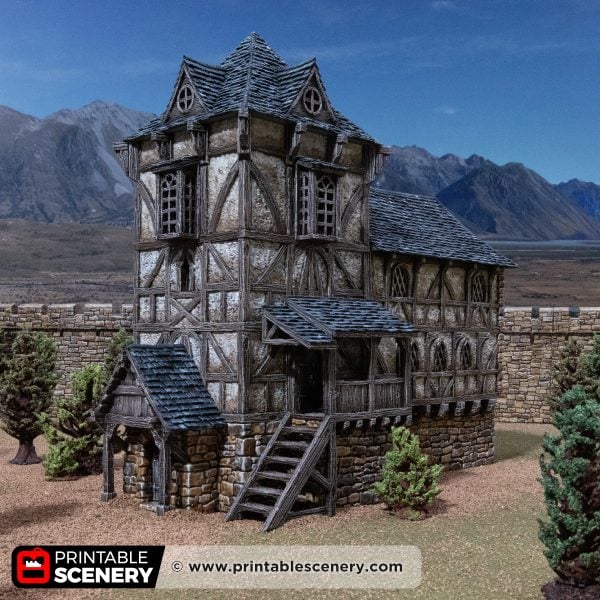 3D printed and painted Wattle & Daub Living Quarters model for wargames and rpgs on a mountain backdrop
