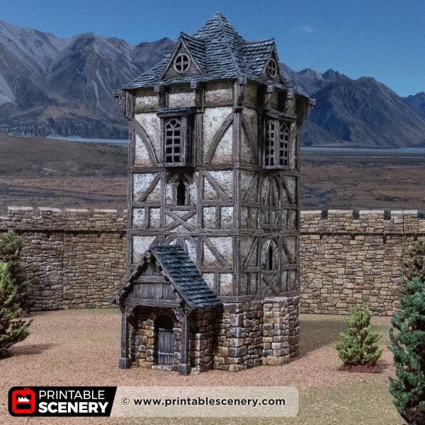 3D printed and painted Wattle & Daub Living Quarters model for wargames and rpgs on a mountain backdrop