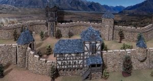 3D printed and painted Wattle & Daub Living Quarters model for wargames and rpgs on a mountain backdrop