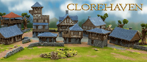 Fantasy 3D printed models of medieval buildings and terrain for wargaming and rpgs on a sunny grassy backdrop