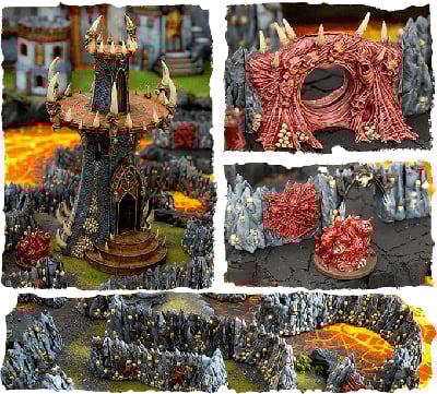 Fantasy 3D printed models of demonic buildings and terrain for wargaming and rpgs on a dark hellish backdrop