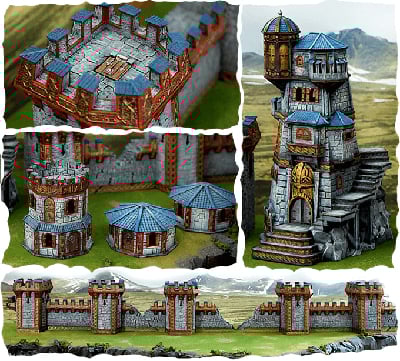 Fantasy 3D printed models of dwarven buildings and terrain for wargaming and rpgs on a sunny grassy backdrop