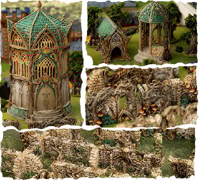 Collage of High Fantasy 3D printed models of elf inspired buildings and terrain for wargaming and rpgs on a woodland backdrop