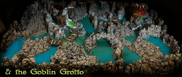 High Fantasy 3D printed models of cavernous terrain and goblin inspired models for wargaming and rpgs on a dark underground backdrop