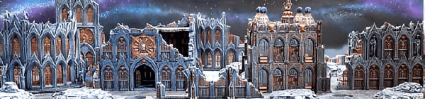 Sci-fi 3D printed models of futuristic gothic buildings built on the surface of the moon for wargaming and rpgs on an outer space backdrop