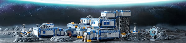 Sci-fi 3D printed models of futuristic buildings built on the surface of the moon for wargaming and rpgs on an outer space backdrop