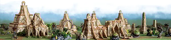 3D printed models of Mayan inspired pyramids and buildings and terrain for wargaming and rpgs on a sunny jungle backdrop