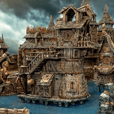 Warhammer Mordheim inspired Ramshackle docks 3D printed models with a stormy sky