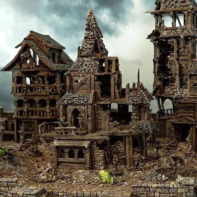 Warhammer Mordheim inspired 3D printed Ramshackle ruins models with a stormy sky