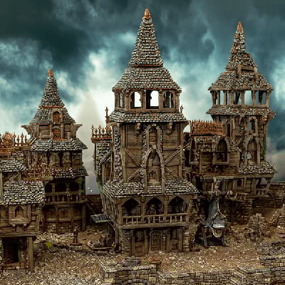 Warhammer Mordheim inspired 3D printed Ramshackle buildings models with a stormy sky