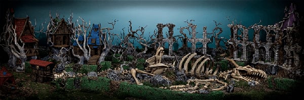 Grimdark fantasy 3D printed models of Shadowfey ruins and trees and terrain for wargaming and DND with a dark lit atmosphere
