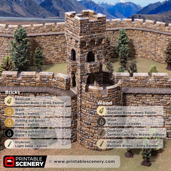 3D printed and painted small square bastion for dnd and wargaming with paint guide overlay
