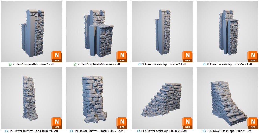 W and D Ruined Hex tower Adaptors, Buttresses and Stairs Reference
