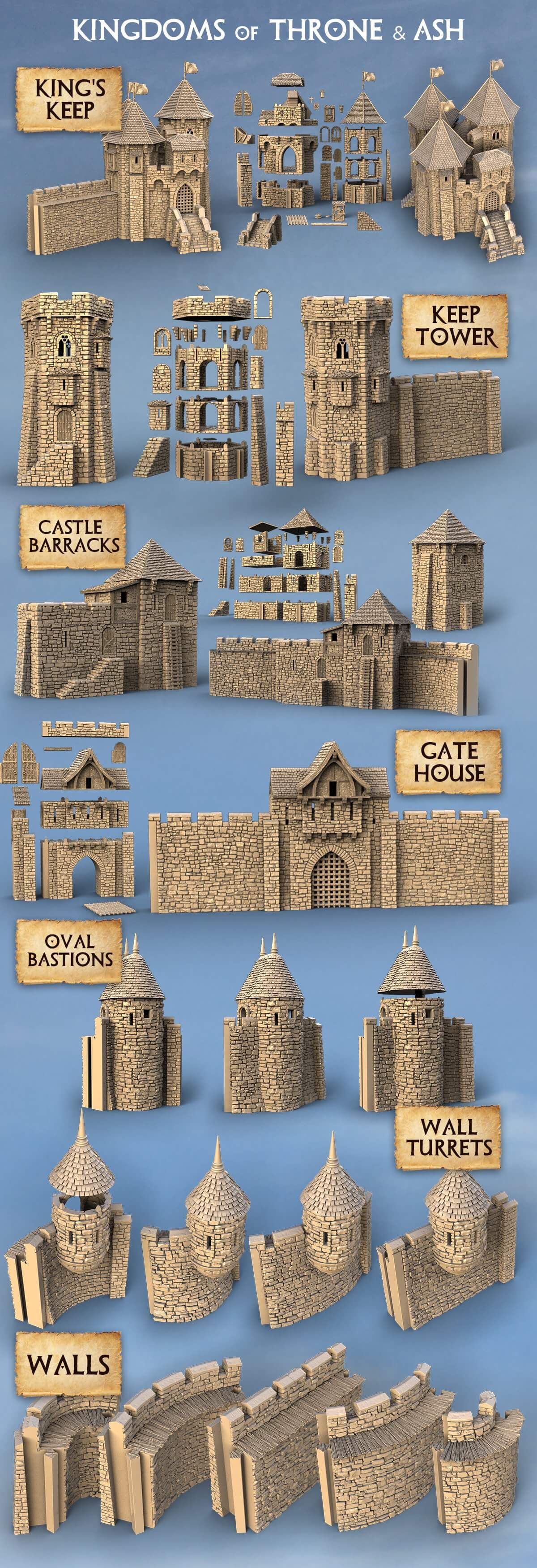 Diagram showing all the items within the Kingdoms bundle for purchase, shown in 3D renders