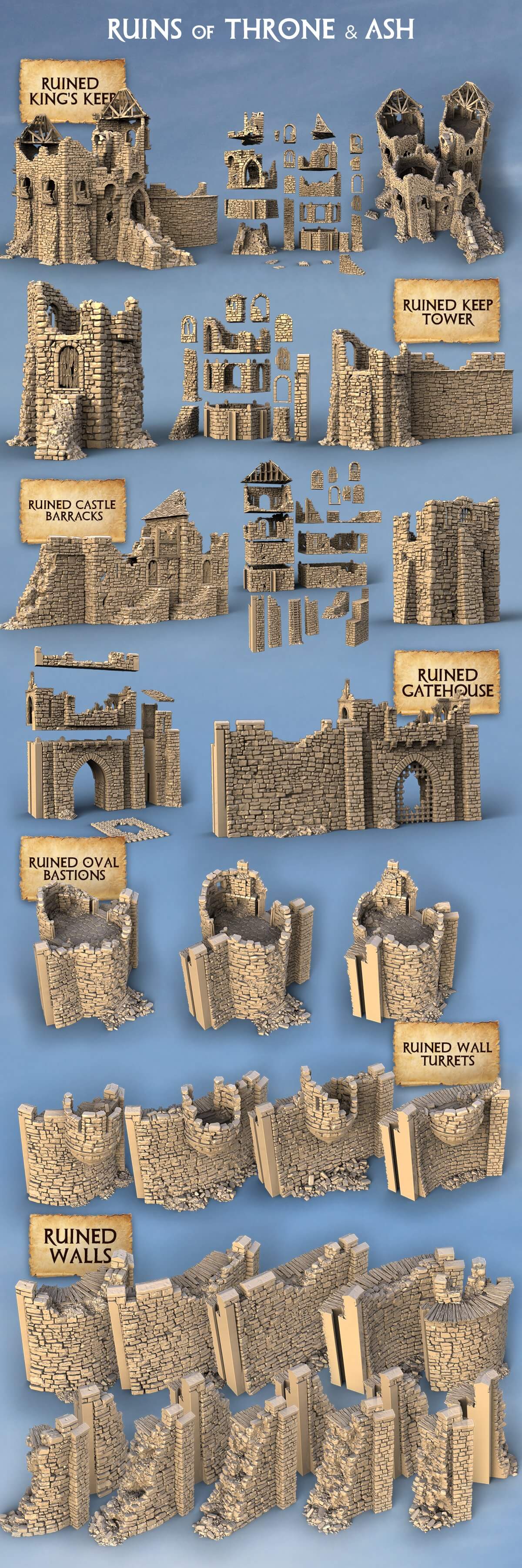 Diagram showing all the items within the Ruins bundle for purchase, shown in 3D renders