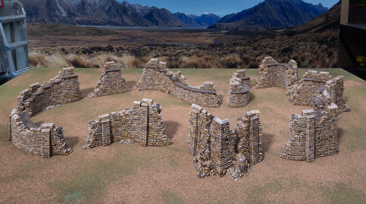 3D printed and painted castle in ruins, used for tabletop rpgs and wargames