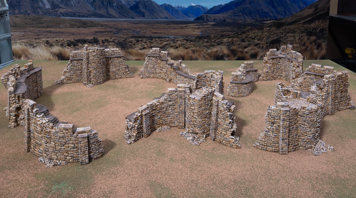 3D printed and painted castle in ruins, used for tabletop rpgs and wargames