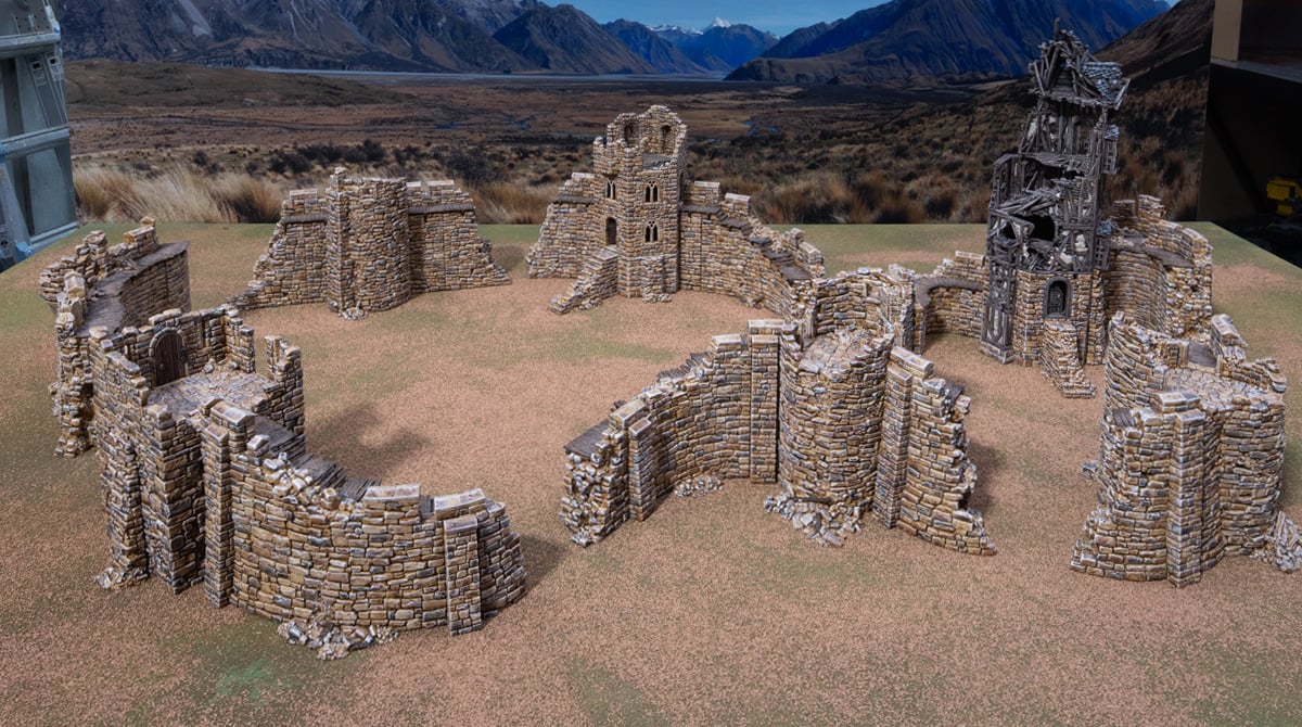 3D printed and painted castle in ruins, used for tabletop rpgs and wargames