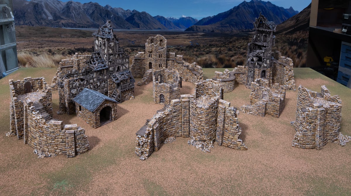 3D printed and painted castle in ruins, used for tabletop rpgs and wargames